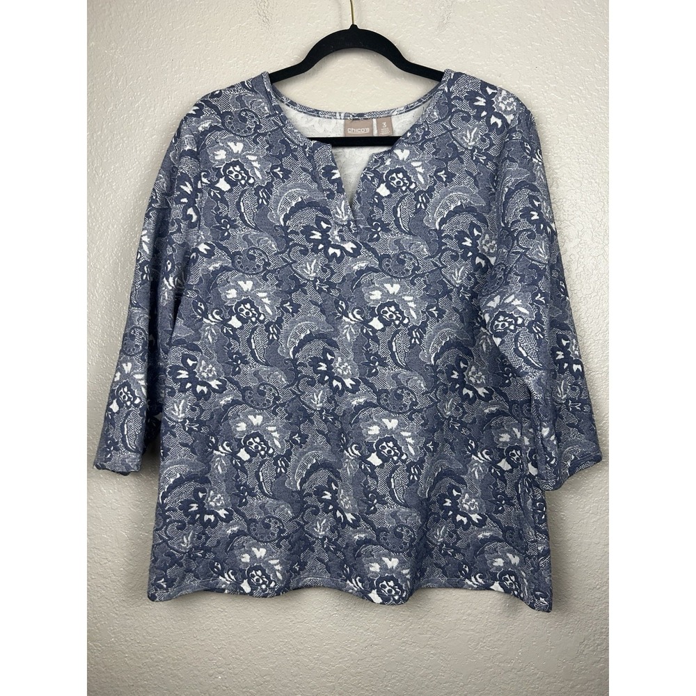 Chico's Blue White Quilted Textured 3/4 Sleeve Top Size 3/XL Casual Coastal
